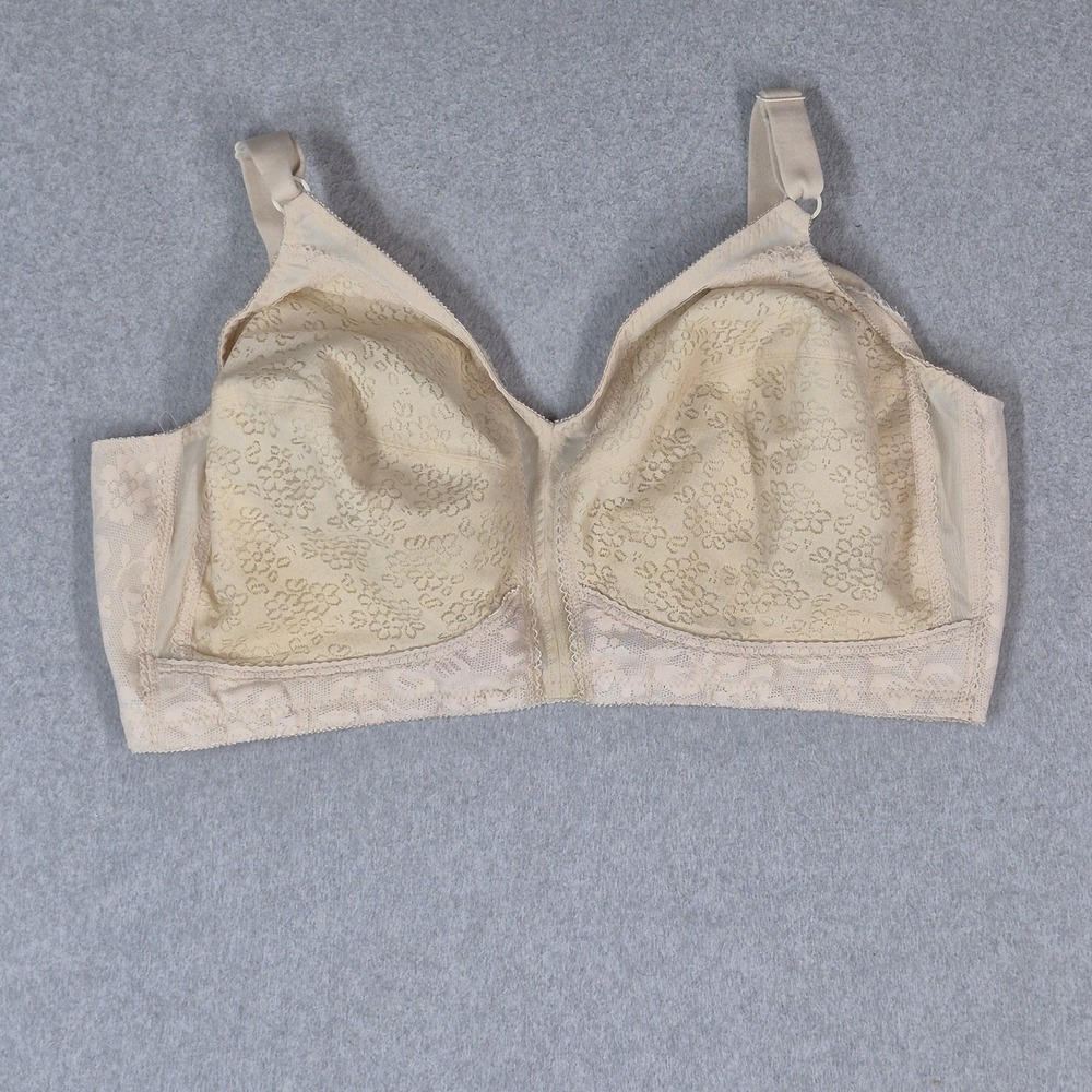 Playtex Women Bra 46DD Beige Floral Full Coverage Wireless Lace Lightly Lined